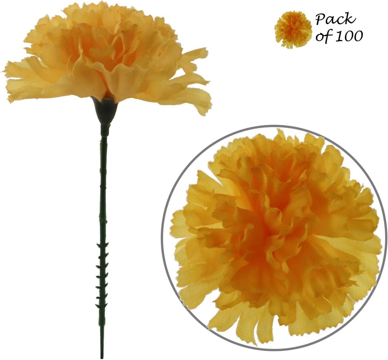 5" Gold Carnation Picks - Box of 200, 3.5" Blooms, Event Decor - Perfect for Weddings, Crafts - Luxurious Year-Round Appeal, Floral Home by Artificial Flowers